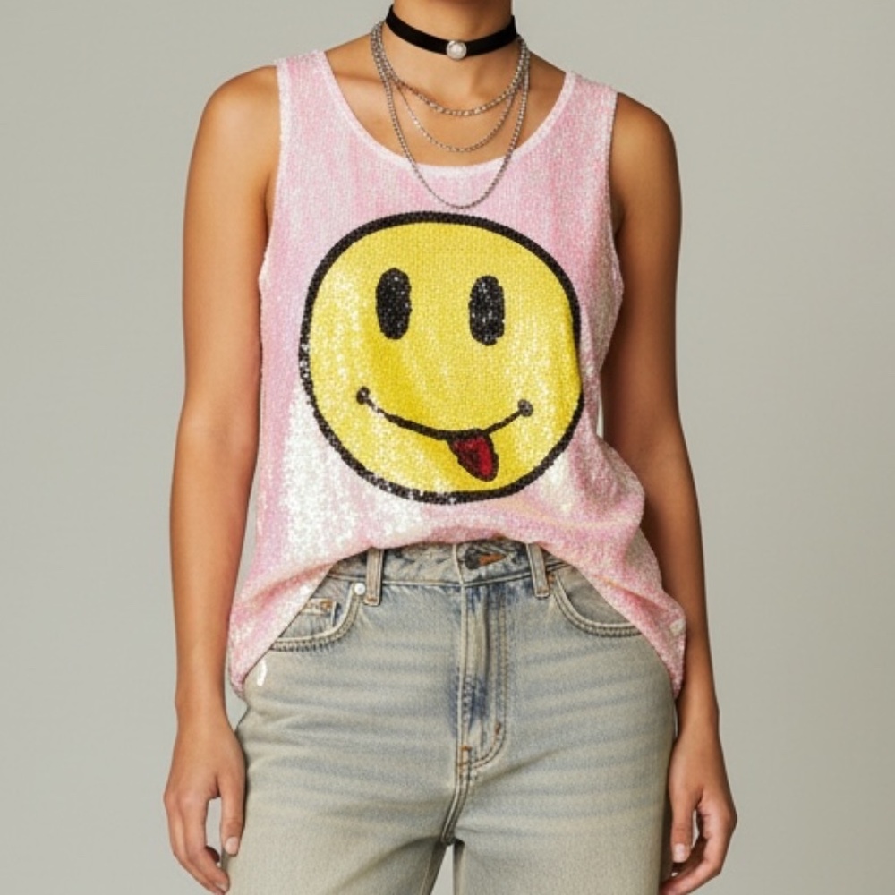 Sequin Smile Tank Top - Pink